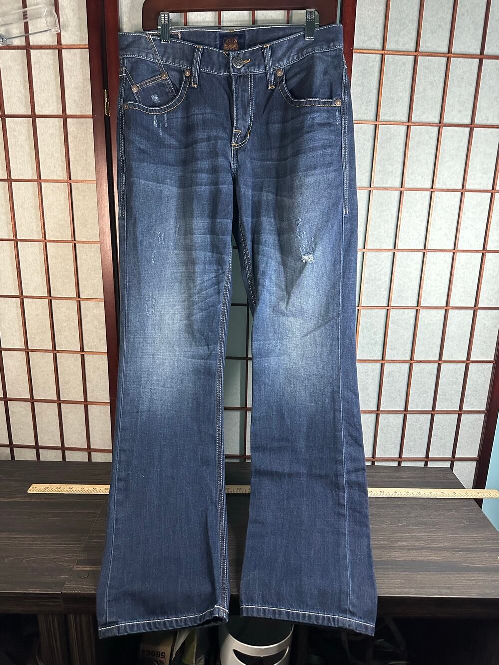 Rock & Republic Dark Wash Paul Straight Jeans Sz 36 Rear Flap Pockets Distressed